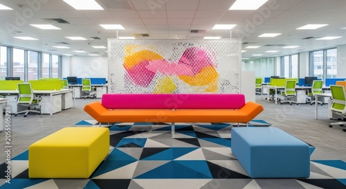Colorful collaborative workspace lounge with geometric carpet design.