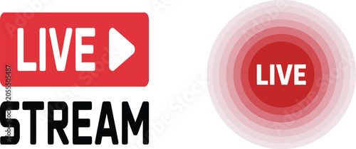 Photography Red live stream button icons set with broadcasting signal circles and media play