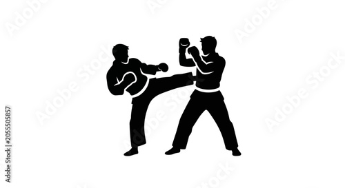 Martial arts training concept with two athletes practicing kickboxing in black silhouette on white background for fitness and sports illustration