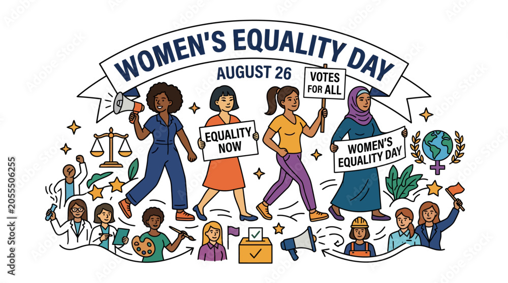 Fototapeta premium Diverse group of women marching for Women's Equality Day.