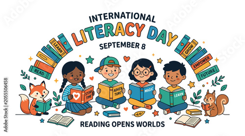 Tableau sur toile Diverse children reading books for International Literacy Day celebration