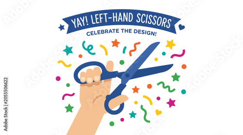 Hand holding blue left-hand scissors with colorful confetti celebration.