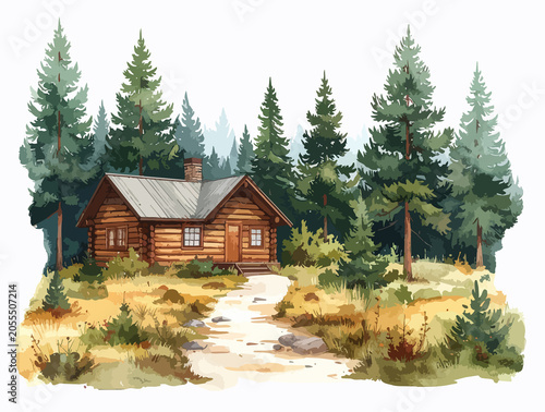 Cottage in the woods watercolor illustration