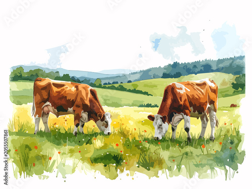 Cows in a pasture watercolor illustration of a rural landscape