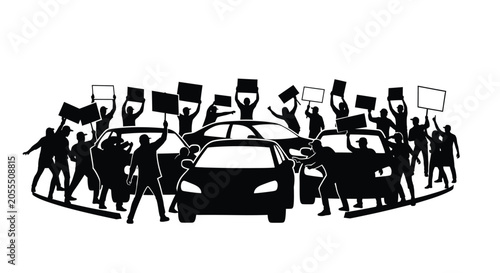 Photos Protest Scene With Cars And People Holding Signs Black Silhouette
