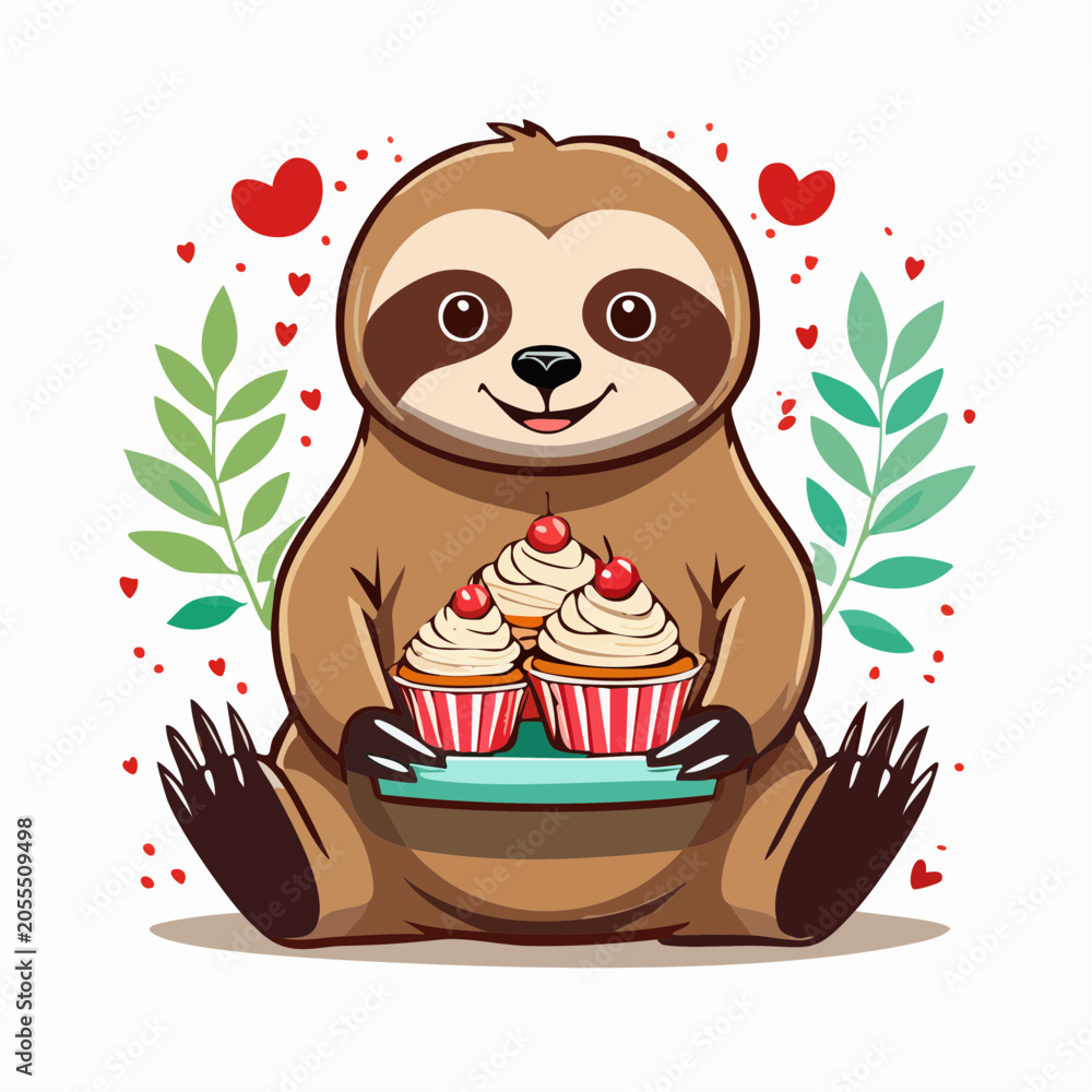 Obraz premium Cute Sloth Holding Cupcakes with Hearts and Leaves