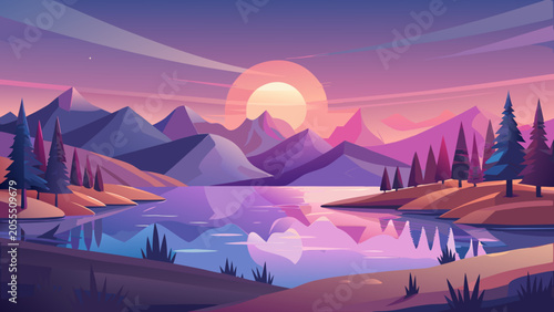 A serene 3d landscape featuring rolling hills, a calm reflective lake, and a glowing sunset with stylized linear tree in a soft palette

