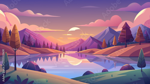 A serene 3d landscape featuring rolling hills, a calm reflective lake, and a glowing sunset with stylized linear tree in a soft palette
