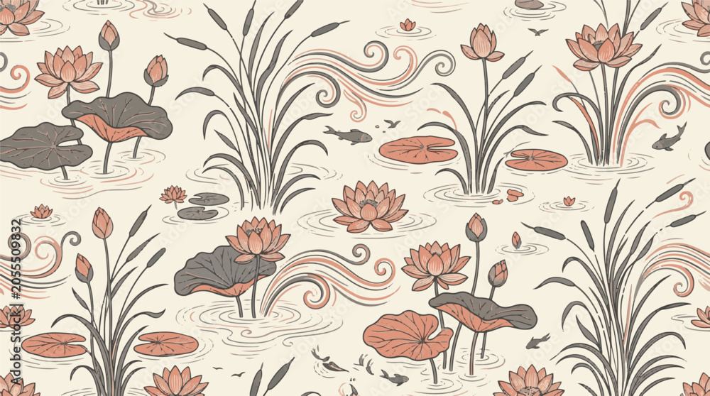 Fototapeta premium Japanese style seamless pattern with lotus flowers, lily pads, reeds, and koi fish in a