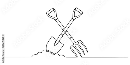 Bild auf Leinwand Continuous line drawing of garden shovel and pitchfork