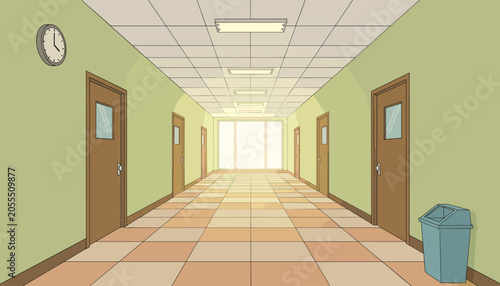 Empty institutional office hallway with green walls corridor building