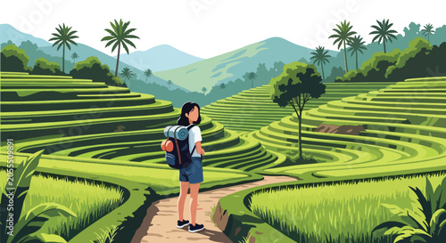 Slika na platnu Flat style vector illustration of a female traveler exploring tropical rice terr