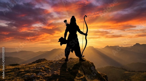 Lord Rama's Silhouette - Standing on a Hilltop Against a Dramatic Sunset