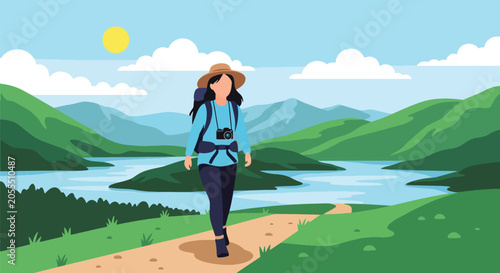 Flat style vector illustration of a female traveler exploring natural landscapes in New Zealand, ideal for tourism advertising, travel campaigns and outdoor promotion