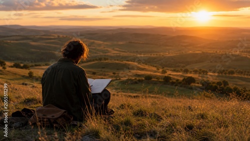 Artist sketching rolling hills at sunset in a quiet open field