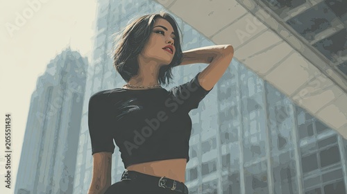 Woman posing outdoors against city buildings in natural sunlight