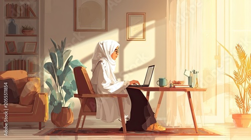 Woman works on laptop at desk in sunny room digital illustration