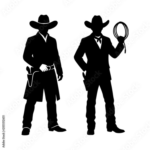 Two cowboys standing back to back in silhouette with magnifying glass detective style