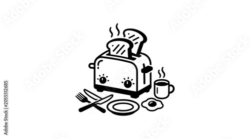 Fotografie Cartoon toaster with breakfast utensils plate.