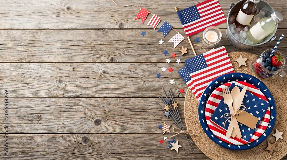 Obraz premium Fourth of July picnic table setting with american flags and party decorations.