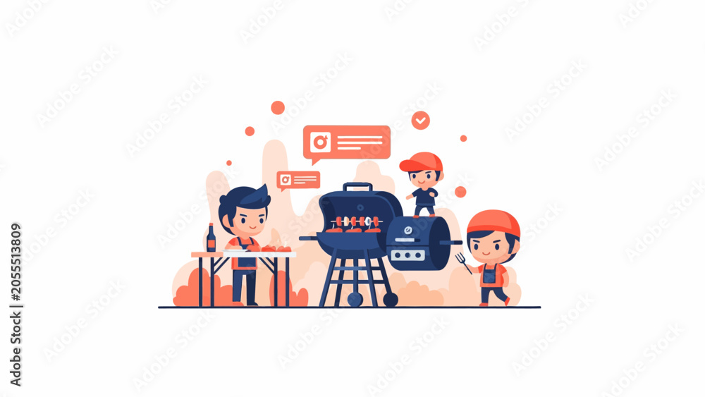 Fototapeta premium Flat Vector Illustration of Friends at a BBQ Party with Social Media Icons
