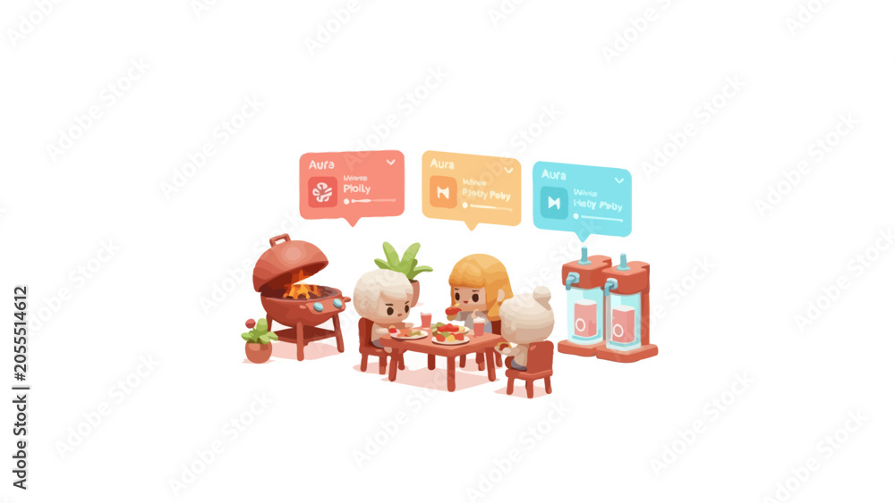 Naklejka premium 3D Stylized Family BBQ Scene with Digital Interface Bubbles and Cute Chibi Characters