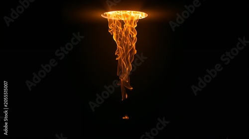 Glowing flame swirl descending from ceiling ring on dark background