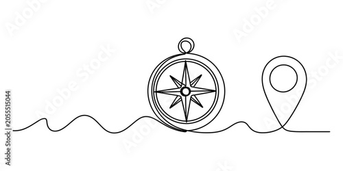 Foto Continuous line drawing of a compass and location pin connected by a wavy line,
