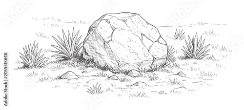 Quadro su tela Black and white of a large boulder surrounded by grass and desert plants monochr