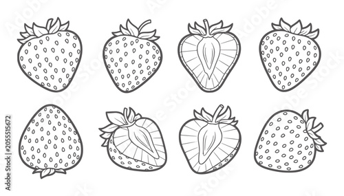 Tableau sur toile Collection of black and white line strawberries whole and halved strawberry frui