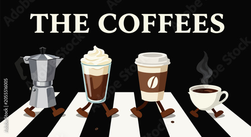 Cartoon coffee cups, coffee beans, piano keys, The Coffees, vector illustration