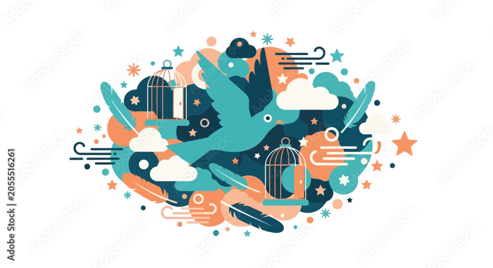 Fototapeta premium Whimsical Abstract Illustration of a Bird Escaping a Cage - Concept of Freedom, Liberty, and Hope in Teal and Peach Palette