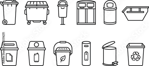 Schilderij op canvas Waste management and garbage recycling bin line icon set featuring dumpster whee