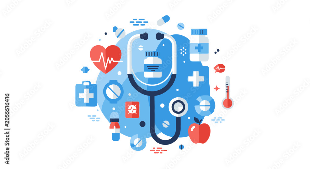 Fototapeta premium Modern Medical and Healthcare Flat Vector Illustration with Stethoscope, Heart, Medicine Bottles, and Wellness Symbols on White Background