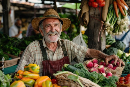Portrait of happy senior farmer selling fresh vegetables .