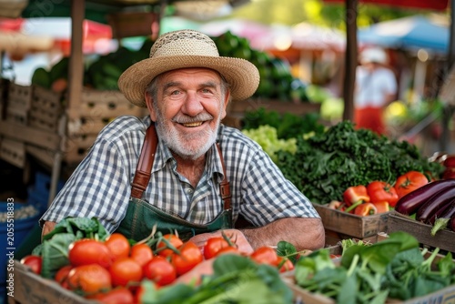 A smiling old farmer selling vegetables at the market.