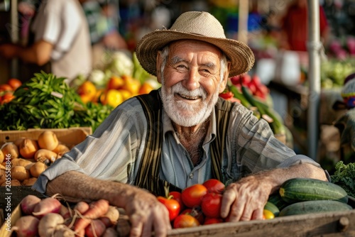 Portrait of happy senior farmer selling fresh vegetables .