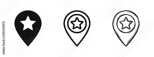 Canvas Print Map pointer with star icon set featuring solid, outline, and sketch styles for location marking
