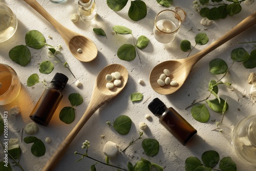 Wooden spoons with pills and bottles with green leaves on a table