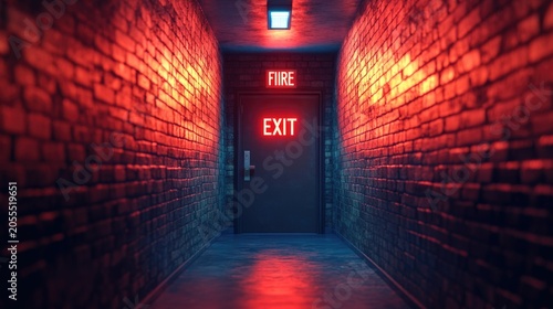 Red fire exit door in the dark corridor of a building with 