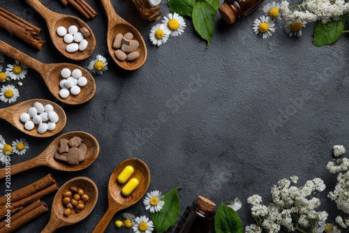 Wooden spoons with pills and flowers on dark surface composition