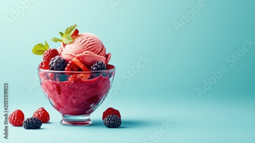 Red ice cream with berries in a glass bowl on a blue background.