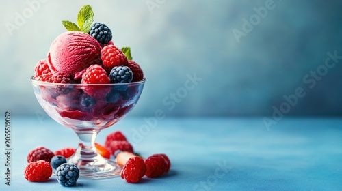 Red ice cream with berries in a glass bowl on a blue background.