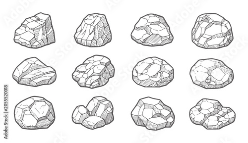 Fotografía Twelve hand drawn rough textured rocks in a grid pattern stone pebble geology na