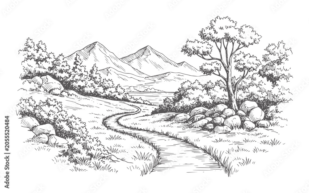Obraz premium Winding dirt path through a scenic landscape with mountains and trees