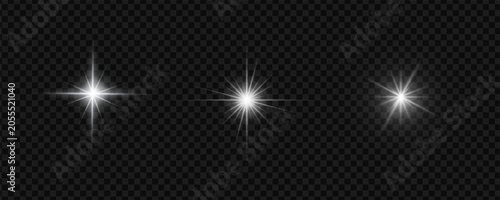 Set of three glowing star light flares with sparkling rays for digital editing abstract transparent isolated spotlight radiance decoration astronomy luminous