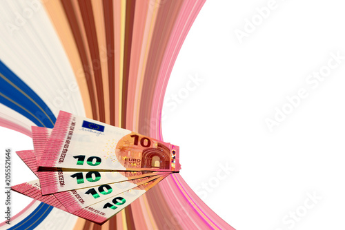 Close up view of four banknotes of 10 Euro with pixel stretch effect