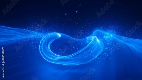 Abstract blue energy wave motion background, with glowing particles, and circular flow