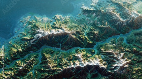 Aerial View of Lush Mountain Terrain with Waterways and Highlands