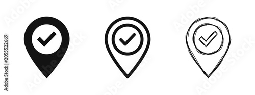 Map pin location with checkmark icon set, destination reached symbols, navigation pointers in three styles